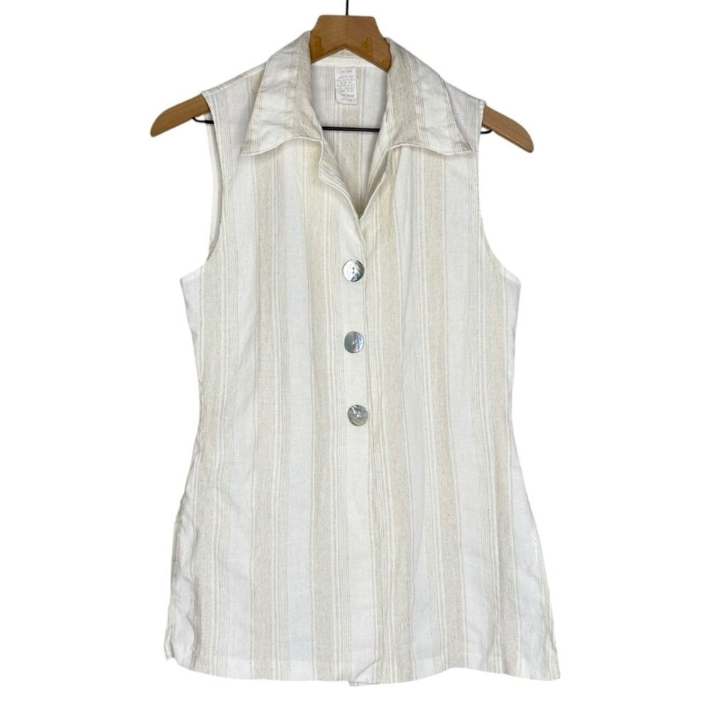 Vintage 80s 100% Linen Button Front Vest Top White Cream Stripe Medium USA